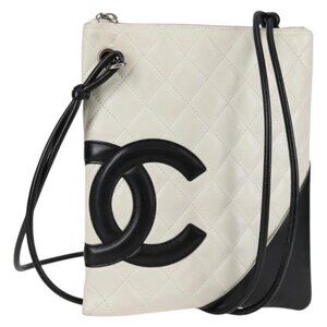 CHANEL Cambon Line Shoulder Bag Lamb Skin White Silver CC Auth